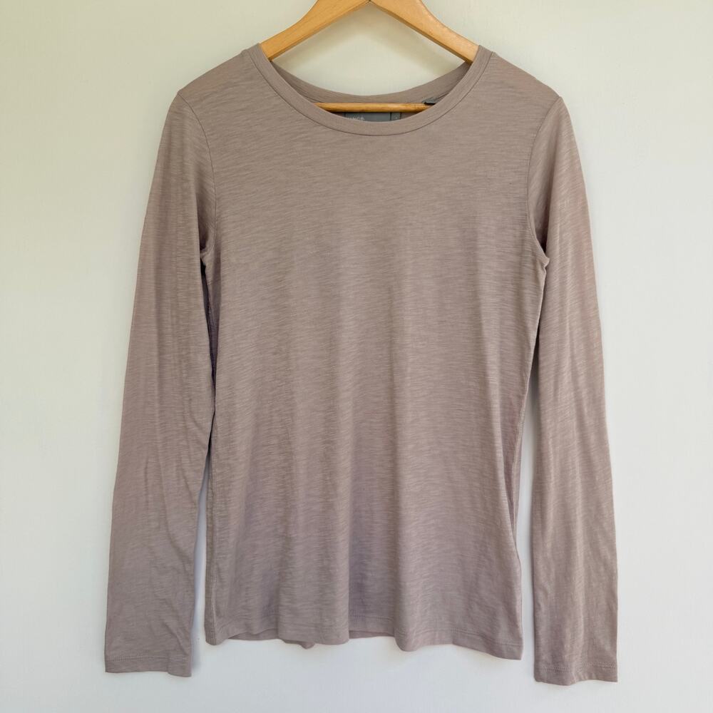 Vince Small Taupe Pima Cotton Long Sleeve Slub Knit Crewneck Tee Shirt Top